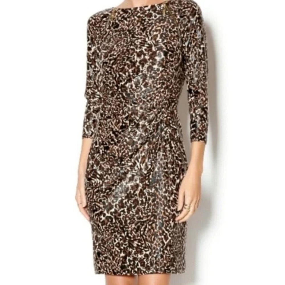 Joseph Ribkoff Leopard Print Ruched Bodycon Dress Above Knee Length Stretch 8
